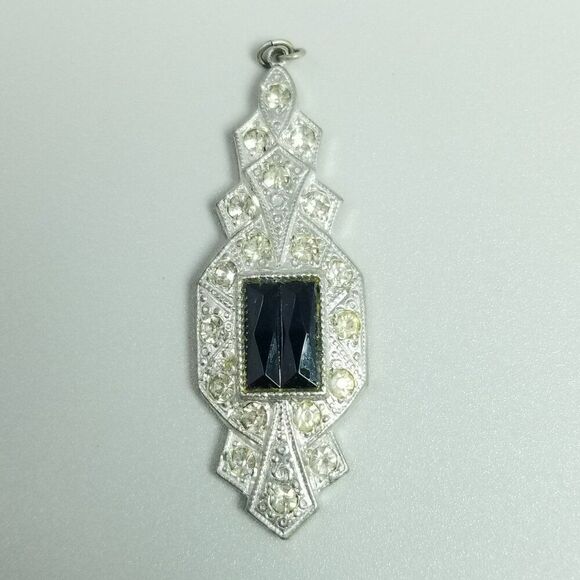 Vintage Black Rhinestone and Silver Tone Pendant, Art Deco Style, Retro Estate - Picture 6 of 7